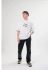 Unisex Bisiklet Yaka Baskılı Oversize T-Shirt - Beyaz