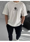 Unisex Bisiklet Yaka Baskılı Oversize T-Shirt - Beyaz