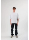 Unisex Bisiklet Yaka Baskılı Oversize T-Shirt - Beyaz