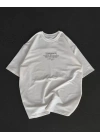 Unisex Bisiklet Yaka Baskılı Oversize T-Shirt - Beyaz