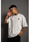 Unisex Bisiklet Yaka Baskılı Oversize T-Shirt - Beyaz