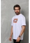 Unisex Bisiklet Yaka Baskılı Oversize T-Shirt - Beyaz