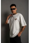 Unisex Bisiklet Yaka Baskılı Oversize T-Shirt - Beyaz
