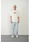 Unisex Bisiklet Yaka Baskılı Oversize T-Shirt - Beyaz
