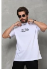Unisex Bisiklet Yaka Baskılı Oversize T-Shirt - Beyaz