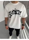 Unisex Bisiklet Yaka Baskılı Oversize T-Shirt - Beyaz