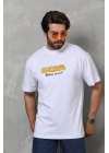 Unisex Bisiklet Yaka Baskılı Oversize T-Shirt - Beyaz