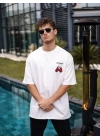 Unisex Bisiklet Yaka Baskılı Oversize T-Shirt - Beyaz