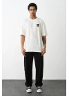 Unisex Bisiklet Yaka Baskılı Oversize T-Shirt - Beyaz