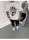 Unisex Bisiklet Yaka Baskılı Oversize T-Shirt - Beyaz