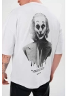 Unisex Bisiklet Yaka Baskılı Oversize T-Shirt - Beyaz