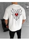Unisex Bisiklet Yaka Baskılı Oversize T-Shirt - Beyaz