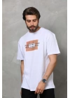 Unisex Bisiklet Yaka Baskılı Oversize T-Shirt - Beyaz