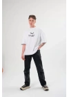 Unisex Bisiklet Yaka Baskılı Oversize T-Shirt - Beyaz
