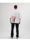 Unisex Bisiklet Yaka Baskılı Oversize T-Shirt - Beyaz