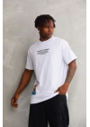 Unisex Bisiklet Yaka Baskılı Oversize T-Shirt - Beyaz