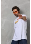 Unisex Bisiklet Yaka Baskılı Oversize T-Shirt - Beyaz