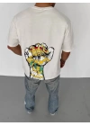 Unisex Bisiklet Yaka Baskılı Oversize T-Shirt - Beyaz