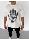 Unisex Bisiklet Yaka Baskılı Oversize T-Shirt - Beyaz