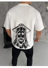 Unisex Bisiklet Yaka Baskılı Oversize T-Shirt - Beyaz