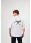 Unisex Bisiklet Yaka Baskılı Oversize T-Shirt - Beyaz
