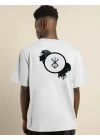 Unisex Bisiklet Yaka Baskılı Oversize T-Shirt - Beyaz