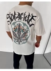 Unisex Bisiklet Yaka Baskılı Oversize T-Shirt - Beyaz