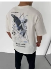 Unisex Bisiklet Yaka Baskılı Oversize T-Shirt - Beyaz