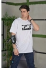 Unisex Bisiklet Yaka Baskılı Oversize T-Shirt - Beyaz