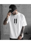 Unisex Bisiklet Yaka Baskılı Oversize T-Shirt - Beyaz