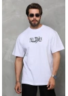 Unisex Bisiklet Yaka Baskılı Oversize T-Shirt - Beyaz