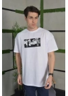 Unisex Bisiklet Yaka Baskılı Oversize T-Shirt - Beyaz