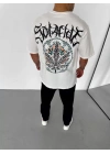 Unisex Bisiklet Yaka Baskılı Oversize T-Shirt - Beyaz