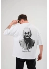 Unisex Bisiklet Yaka Baskılı Oversize T-Shirt - Beyaz