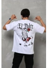Unisex Bisiklet Yaka Baskılı Oversize T-Shirt - Beyaz