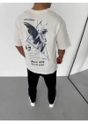 Unisex Bisiklet Yaka Baskılı Oversize T-Shirt - Beyaz