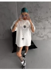 Unisex Bisiklet Yaka Baskılı Oversize T-Shirt - Beyaz