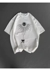 Unisex Bisiklet Yaka Baskılı Oversize T-Shirt - Beyaz