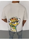 Unisex Bisiklet Yaka Baskılı Oversize T-Shirt - Beyaz