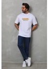Unisex Bisiklet Yaka Baskılı Oversize T-Shirt - Beyaz