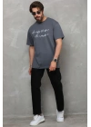 Unisex Bisiklet Yaka Baskılı Oversize T-Shirt - Füme