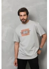 Unisex Bisiklet Yaka Baskılı Oversize T-Shirt - Gri