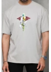 Unisex Bisiklet Yaka Baskılı Oversize T-Shirt - Gri