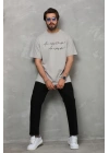 Unisex Bisiklet Yaka Baskılı Oversize T-Shirt - Gri
