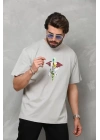 Unisex Bisiklet Yaka Baskılı Oversize T-Shirt - Gri