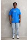 Unisex Bisiklet Yaka Baskılı Oversize T-Shirt - Mavi