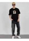 Unisex Bisiklet Yaka Baskılı Oversize T-Shirt - Siyah