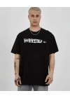 Unisex Bisiklet Yaka Baskılı Oversize T-Shirt - Siyah