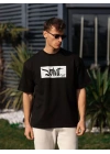 Unisex Bisiklet Yaka Baskılı Oversize T-Shirt - Siyah