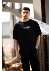 Unisex Bisiklet Yaka Baskılı Oversize T-Shirt - Siyah